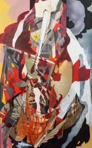 Slow burn oil and collage on canvas 9 ft. x 5 1/2 ft.